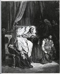 Tod von Don Quijote [Umgeben von seiner Nichte, seiner Haushälterin, Sancho Panza, dem Pfarrer, dem Barbier und dem Bachelor Samson Carrasco - aus „Don Quijote de la Mancha“ von Miguel Cervantes (1547-1616) - Holzschnitt nach einer Zeichnung von Gustave Do