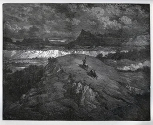 Don Quijote und Sancho Panza setzen ihre Abenteuer in einer bergigen Region, Sierra Morena, fort - aus „Don Quijote von der Mancha“ von Miguel Cervantes (1547-1616) - Holzschnitt nach einer Zeichnung von Gustave Doré