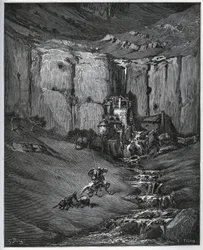 Don Quixote und Sancho Panza entdecken, was ihre Besorgnis verursachte, einen Wasserfall und eine Mühle - aus „Don Quixote de la Mancha“ von Miguel Cervantes (1547-1616) - Holzschnitt nach einer Zeichnung von Gustave Dore