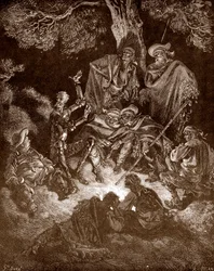 Don Quixote und Sancho Panza mit den Ziegenhirten. Gravur von Gustave Doré (1832-1883) für 