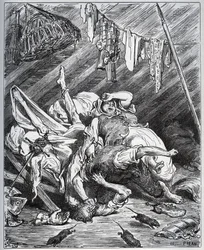 Don Quixote und ein Maultiermacher kämpfen um Maritornes, die Haushälterin, die Don Quixote für seine Dulcinea hält - aus „Don Quixote de la Mancha“ von Miguel Cervantes (1547-1616) - Holzschnitt nach einer Zeichnung von Gustave Doré