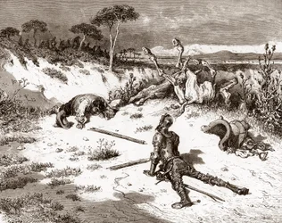 Don Quijote und Sancho Pansa nach der Schlägerei mit den Wachen und Verbrechern. Kupferstich von Gustave Doré (1832-1883) für „Der sinnreiche Junker Don Quijote von der Mancha (Quixotte - Quijote)“ von Miguel de Cervantes (1547-1616), 1863. Privatsammlung