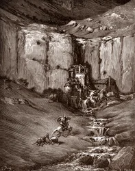 Don Quijote und Sancho Panza sehen einen Wasserfall und lärmende Hütten (Gravur von Gustave Doré für „Der sinnreiche Junker Don Quijote von der Mancha“ von Miguel de Cervantes)