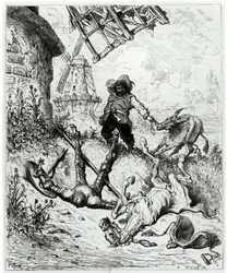 Don Quijote und die Windmühlen, aus „Don Quijote de la Mancha“ von Miguel de Cervantes (1547-1616), gestochen von Héliodore Joseph Pisan (1822-90)