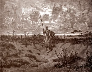 Don Quijote bricht zu seinen Abenteuern auf, Gravur von Gustave Doré für „L