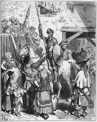 Don Quixote dachte, er profitiere von der Gastfreundschaft eines Lords, weigerte sich, den Wirt zu bezahlen - aus „Don Quixote de la Mancha“ von Miguel Cervantes (1547-1616) - Holzschnitt nach einer Zeichnung von Gustave Doré