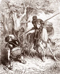 Don Quijote bedroht den Bauern, der den Hirtenjungen schlug