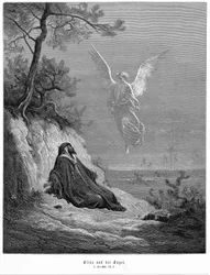 Elija geht in die Wüste und bittet darum zu sterben, doch ein Engel kommt und gebietet ihm: „Steh auf und iss“. Bibel, 1. Könige 19,5. Aus der Bibel von Gustave Doré, 1865-1856