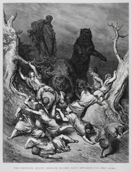 Elisa sieht zu, wie die Kinder von Bären zerstört werden, Illustration aus der Dore-Bibel