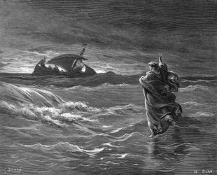 Stich von Jesus, der auf dem Wasser geht