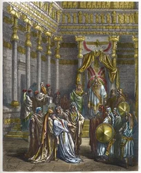 Esther fällt vor dem persischen König Assuerus I. (Xerxes I.) in Ohnmacht - Königin Esther fällt vor König Ahasveros in Ohnmacht - Stich in „Die illustrierte Bibel“ von Gustave Doré (1832-1883) - Stich aus „Die Doré-Bibel“