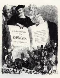 Frontispiz der Ausgabe von 1854 - In Gesellschaft antiker und moderner Schriftsteller präsentiert Rabelais seinen zweiten Roman - Illustration aus 