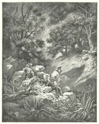 Gustave Dorés Don Quixote: "Aber bitte, Herr," sagte Sancho, "ist es ein gutes Gesetz der Ritterschaft, das besagt, dass wir in dieser felsigen Wildnis über Büsche und Dornen wandern sollen?"