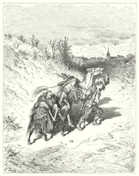 Gustave Dorés Don Quixote: "Er führte sie alle ins Dorf und ging selbst zu Fuß, sehr nachdenklich"