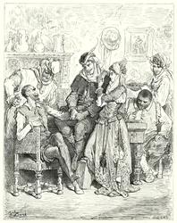 Gustave Dorés Don Quixote: "Sancho und sein Herr verweilten drei Tage bei dem jungen Paar und wurden wie Fürsten bewirtet"