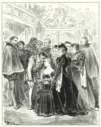 Don Quijote: "Sag mir, du Orakel", sagte er, "war das, was ich von meinen Abenteuern in der Höhle von Montesinos berichtete, ein Traum oder Wirklichkeit?" (Gravur)