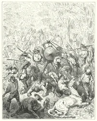 Gustave Dorés Don Quixote: "Die Yanguesen griffen zu ihren Hebeln und Packstäben" (Stich)