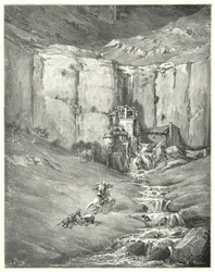 Gustave Dorés Don Quixote: "Als sie näher kamen, erschrak selbst der geduldige Rozinante vor dem schrecklichen Geräusch"
