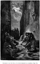 Illustration von Gustave Doré für Théophile Gautiers Roman „Le Capitaine Fracasse“ - Edition Charpentier 1883, praktisch identisch mit der ersten Ausgabe, die 1866 vom selben Verlag illustriert wurde. Kapitel „Schwert, Schlagen und andere Abenteuer“