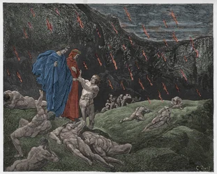 Inferno, 15. Gesang: Brunetto Latini spricht Dante an, Illustration aus „Die Göttliche Komödie“ von Dante Alighieri, 1885
