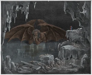 Inferno, 34. Gesang: Luzifer, der König der Hölle, im Eis eingefroren, Illustration aus „Die Göttliche Komödie“ von Dante Alighieri, 1885