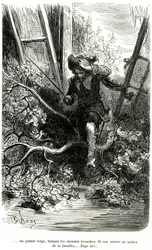 Jacquemin Lampourde, die Pistole in der Hand, kam zu einem Punkt in der Schlacht. Stich von Gustave Doré, der den Schelmenroman von Théophile Gautier „Der Kapitän Fracasse“ illustriert, Charpentier-Ausgabe 1863