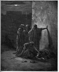 Jehus Gefährten finden die Überreste von Isebel - Holzstich zur Bibel von Gustave Doré - Jehus Gefährten finden Isebels Kopf und Extremitäten - Gravur in „Die illustrierte Bibel“ von Gustave Doré (1832-1883) - Gravur aus „Die Doré-Bibel“