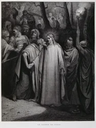 Judas verrät Jesus mit einem Kuss; Illustration aus der Doré-Bibel