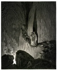 Die Hölle (Die Göttliche Komödie) von Dante Alighieri, illustriert von Gustave Doré. Ausgabe Hachette 1861. Französische Übersetzung von Pier-Angelo Fiorentino. Und der Führer, der mich so aufmerksam sah, sagte: „In den Feuern sind die Geister; jeder