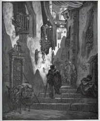 Luscinde sendet eine Nachricht an Cardenio - aus „Don Quijote de la Mancha“ von Miguel Cervantes (1547-1616) (Don Quijote) - Holzschnitt nach einer Zeichnung von Gustave Dore.