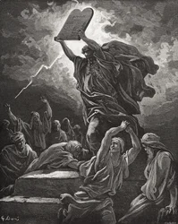 Moses zerbricht die Gesetzestafeln, Exodus 32:19, Illustration aus Dores 