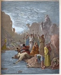 Moses bringt Wasser aus dem Felsen - Buch Exodus (Bibel) - Gravur in 