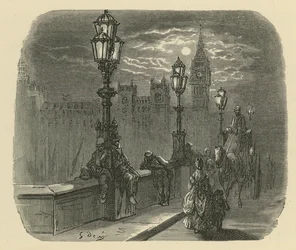 Menschen und Kutschen auf der Westminster Bridge