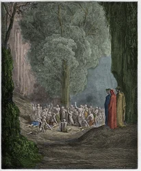 Purgatorio, Gesang 24: Die gefräßigen Seelen weinen unter dem Baum, Illustration aus "Die Göttliche Komödie" von Dante Alighieri, 1885