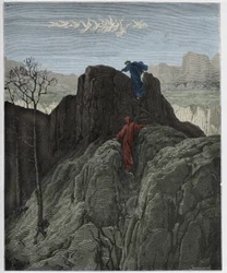 Purgatorio, Gesang 4: Virgil führt Dante den steilen Berg hinauf, Illustration aus "Die Göttliche Komödie" von Dante Alighieri, 1885
