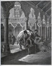 Erzählung von Don Fernand; er nimmt Luscinde aus dem Kloster, in dem sie Zuflucht gesucht hatte - aus „Don Quijote de la Mancha“ von Miguel Cervantes (1547-1616) (Don Quijote) - Holzschnitt nach einer Zeichnung von Gustave Doré