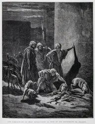 Überreste von Königin Isebel, nachdem sie aus den Palastfenstern geworfen wurde, Illustration aus der Dore-Bibel