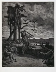Rizpa verhindert, dass wilde Tiere die Leichen ihrer toten Söhne schänden, Illustration aus der Dore-Bibel