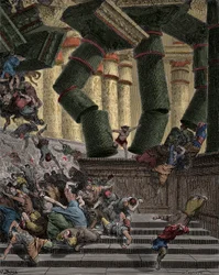 Samson bringt den Tempel von Dagon zum Einsturz. Gravur von Gustave Doré (1832-1883)