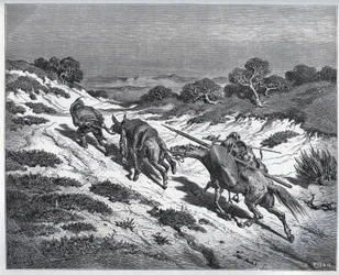 Sancho Panza, Don Quijote und ihre Reittiere nach ihrer Niederlage gegen die Yangers - aus „Don Quijote de la Mancha“ von Miguel Cervantes (1547-1616) (Don Quijote) - Holzschnitt nach einer Zeichnung von Gustave Dore.