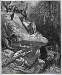 Sancho Panza findet seinen Meister, immer noch in Buße - aus „Don Quijote de la Mancha“ von Miguel Cervantes (1547-1616) - Holzschnitt nach einer Zeichnung von Gustave Doré