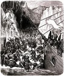 Sindbad der Seefahrer - Märchen aus Tausendundeiner Nacht - Illustration von Gustave Doré - Dritte Reise: ein Sturm wirft das Schiff von Sindbad und seinen Gefährten auf eine Insel, wo sie von einer Vielzahl winziger und abscheulicher Wesen angegriffen wer