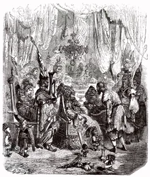 Sindbad der Seefahrer - Märchen aus Tausendundeiner Nacht - Illustration von Gustave Doré - Maxwell-Ausgabe 1865 - Prolog: Ein armer Träger (Hinbad) stellt sich vor Sindbad, der alt und reich geworden ist. Dieser erzählt ihm seine Abenteuer