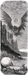Sindbad der Seefahrer - Märchen aus Tausendundeiner Nacht - Illustration von Gustave Doré - Ausgabe Maxwell 1865 - Zweite Reise: Sindbad entdeckt auf einer Insel ein riesiges Ei des gigantischen Vogels Roc und wird von diesem Riesenangriff angegriffen