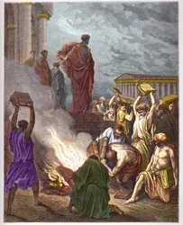 Der heilige Paulus in Ephesus - Die Prophezeiung des heiligen Paulus in Ephesus. Juden, die sich mit Exorzismus beschäftigten, verbrennen die Bücher - Gravur in „Die illustrierte Bibel“ von Gustave Doré - Gravur aus „Die Doré-Bibel“