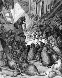 Der von den Ratten abgehaltene Rat, aus den Fabeln von La Fontaine, gestochen von Antoine Valerie Bertrand (geb. 1823), um 1868