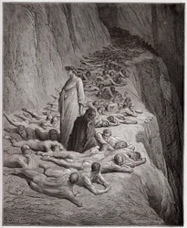 Die Göttliche Komödie (La Divina Commedia), Purgatorio, Gesang 19: Die Seelen der Habgierigen: Adrian V spricht zu Dante - von Dante Alighieri (1265-1321) - Illustration von Gustave Doré (1832-1883)