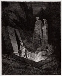 Die Göttliche Komödie (La Divina Commedia), Inferno, Gesang 10: Farinata degli Uberti spricht zu Dante - von Dante Alighieri (1265-1321) - Illustration von Gustave Doré (1832-1883)