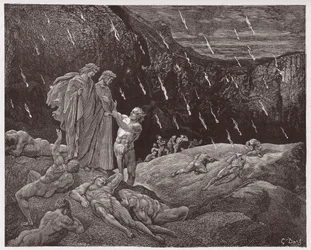 Die Göttliche Komödie, Inferno, Gesang 15: Brunetto Latini spricht Dante an (Illustration von Gustave Doré)
