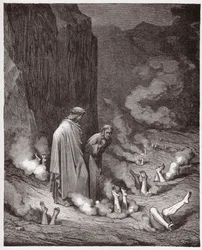 Die Göttliche Komödie (La Divina Commedia, La Divine Comédie), Inferno, 19. Gesang: Dante tadelt Papst Nikolaus III. in der vierten Bolgia - von Dante Alighieri (1265-1321) - Illustration von Gustave Doré (1832-1883)